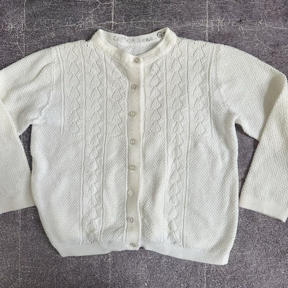 Women's Vintage 60's 70's Pure White Cable Knit Button Up Cardigan Sweater Sz M